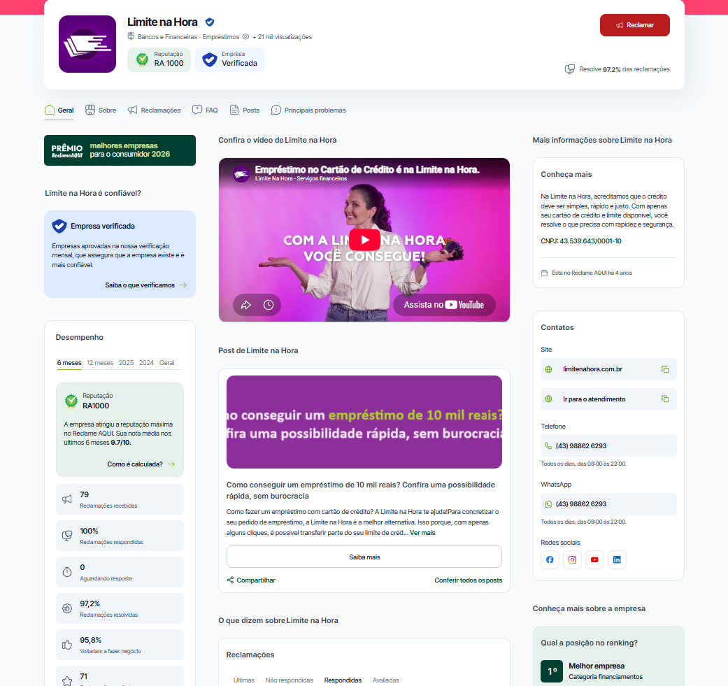 Perfil da Limite na Hora no Reclame AQUI com reputação RA1000 e empresa verificada