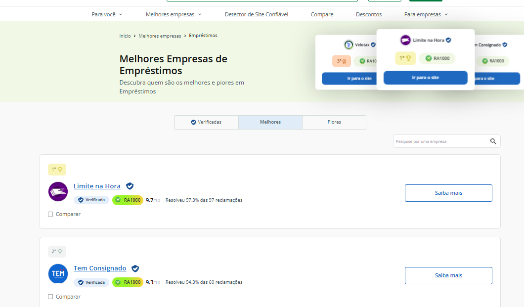 Limite na Hora em primeiro lugar na categoria Empréstimos do Reclame AQUI