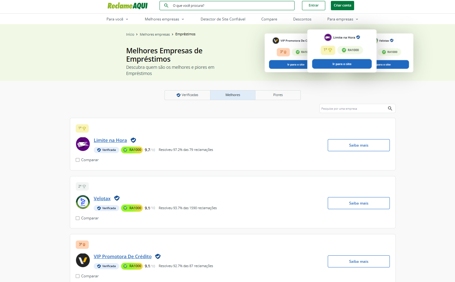Ranking do Reclame AQUI mostrando a Limite na Hora em primeiro lugar na categoria Empréstimos