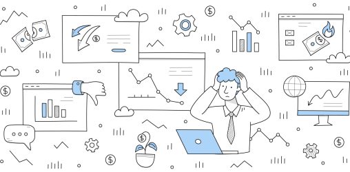 ilusttração em preto, branco e azul de um empresário olhando para o computador preocupado com contas e gráficos