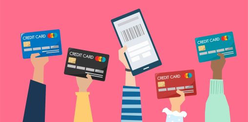 ilustração de quatro mãos em um fundo rosa cada uma delas segurando um cartão de crédito diferente
